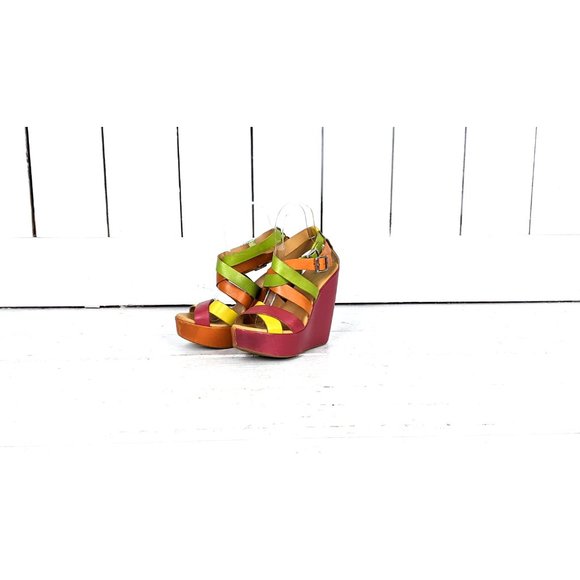Kork Ease multicolor strappy leather high platform wedge open toe sandals 7/38 - Picture 2 of 9